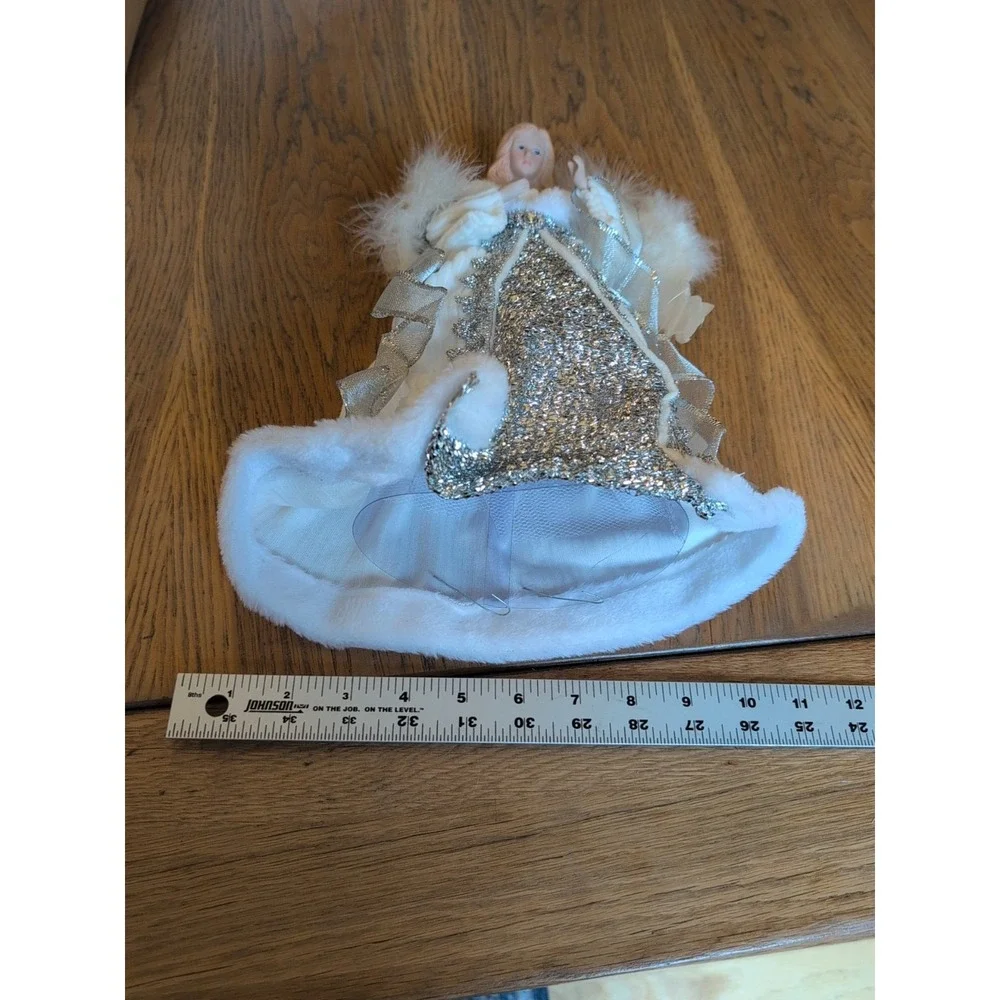 Victorian Xmas Angel Tree Topper White‎ Silver  Feather wings 12
